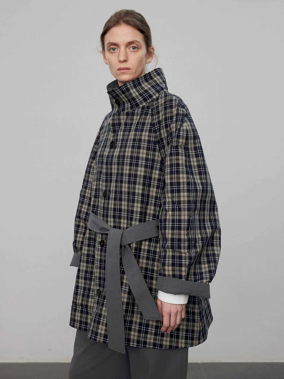 Reversible Checkered Trench Coat with Stand Collar