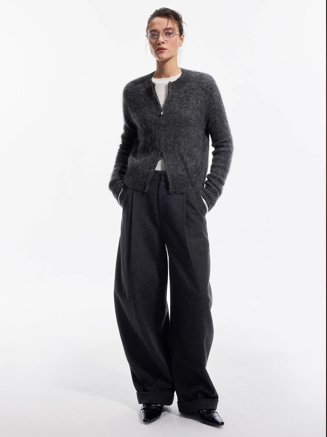 Cuffed Wide-Leg Suit Trousers in Wool Blend