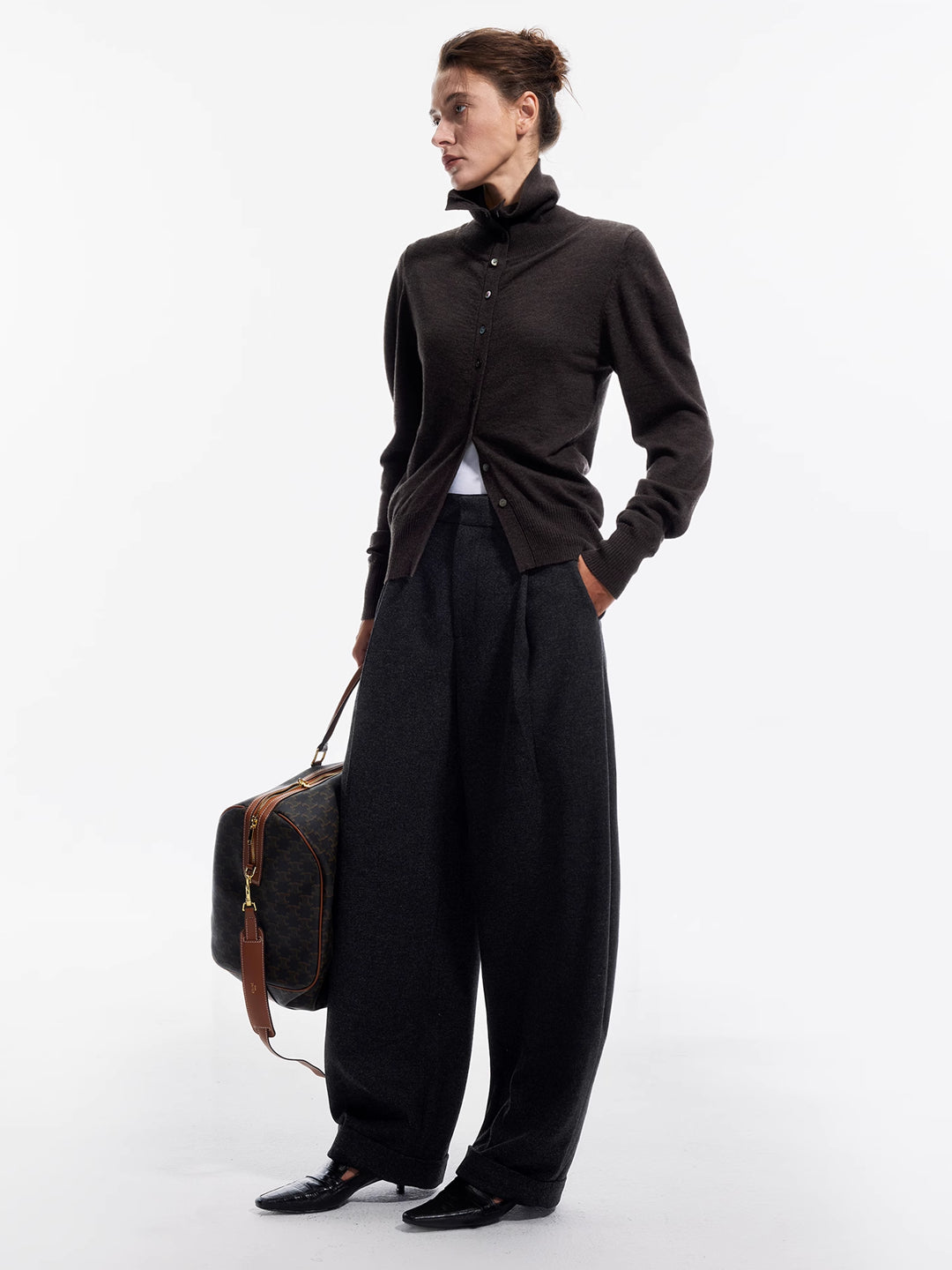 Cuffed Wide-Leg Suit Trousers in Wool Blend