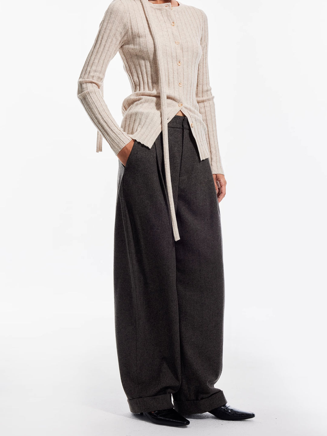 Cuffed Wide-Leg Suit Trousers in Wool Blend