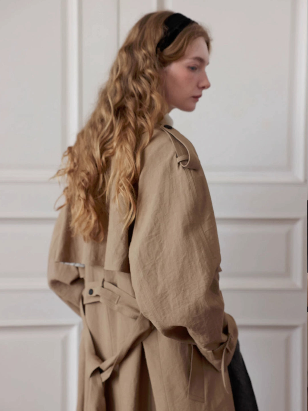 Linen-Cotton Blend Wide-Shoulder Trench Coat