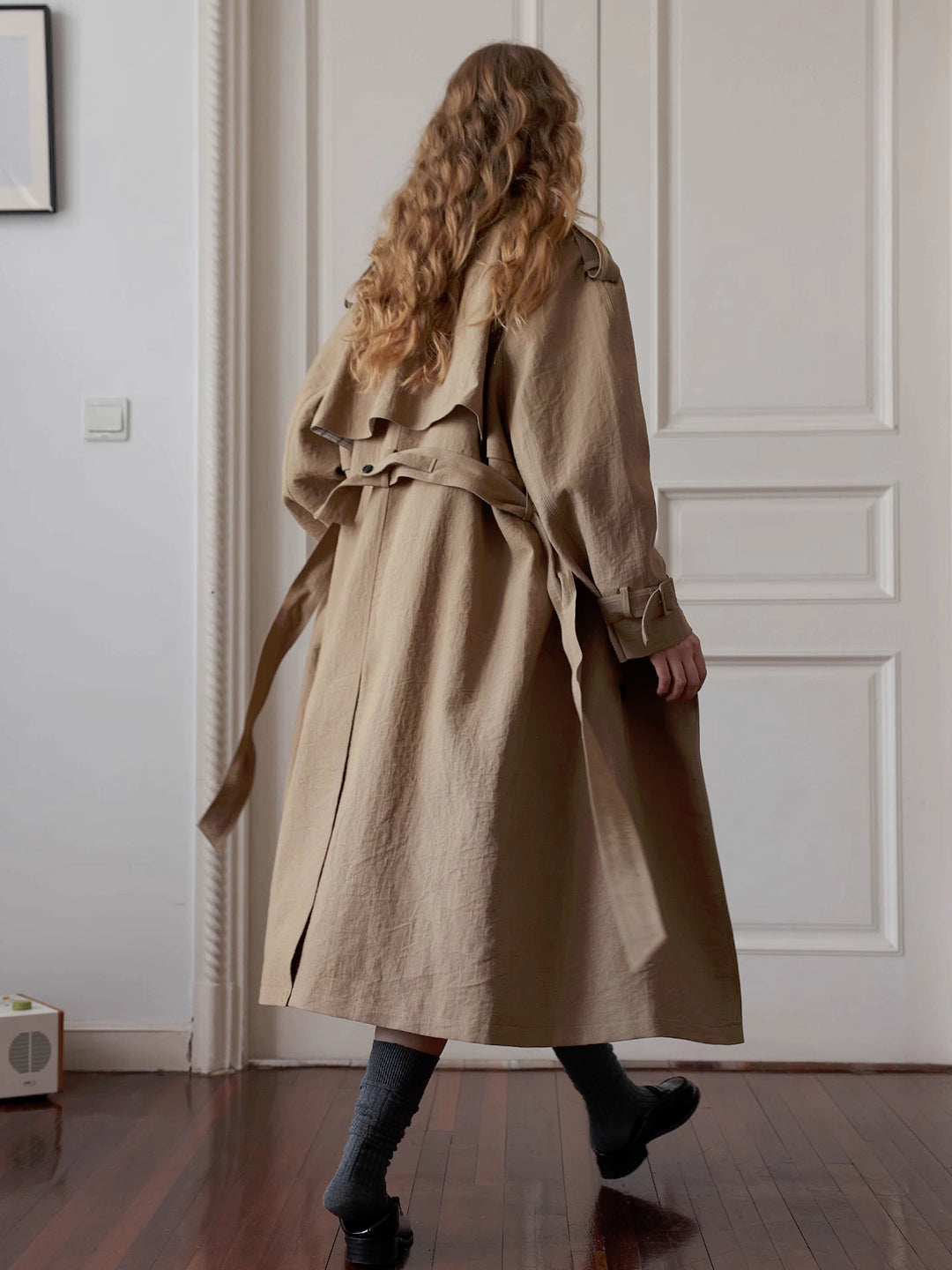 Linen-Cotton Blend Wide-Shoulder Trench Coat