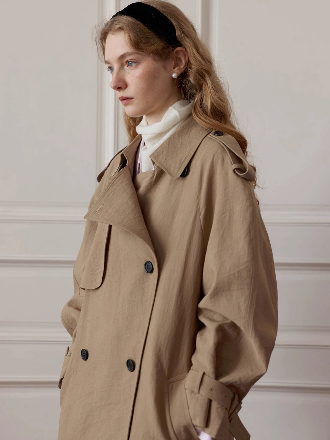 Linen-Cotton Blend Wide-Shoulder Trench Coat