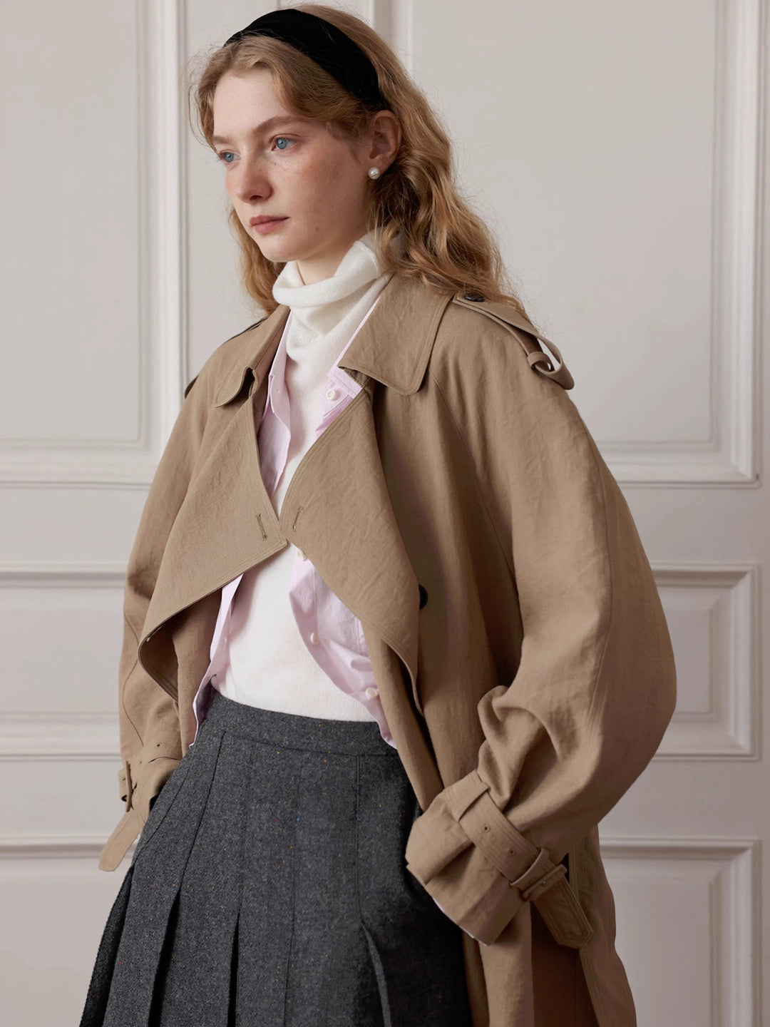 Linen-Cotton Blend Wide-Shoulder Trench Coat