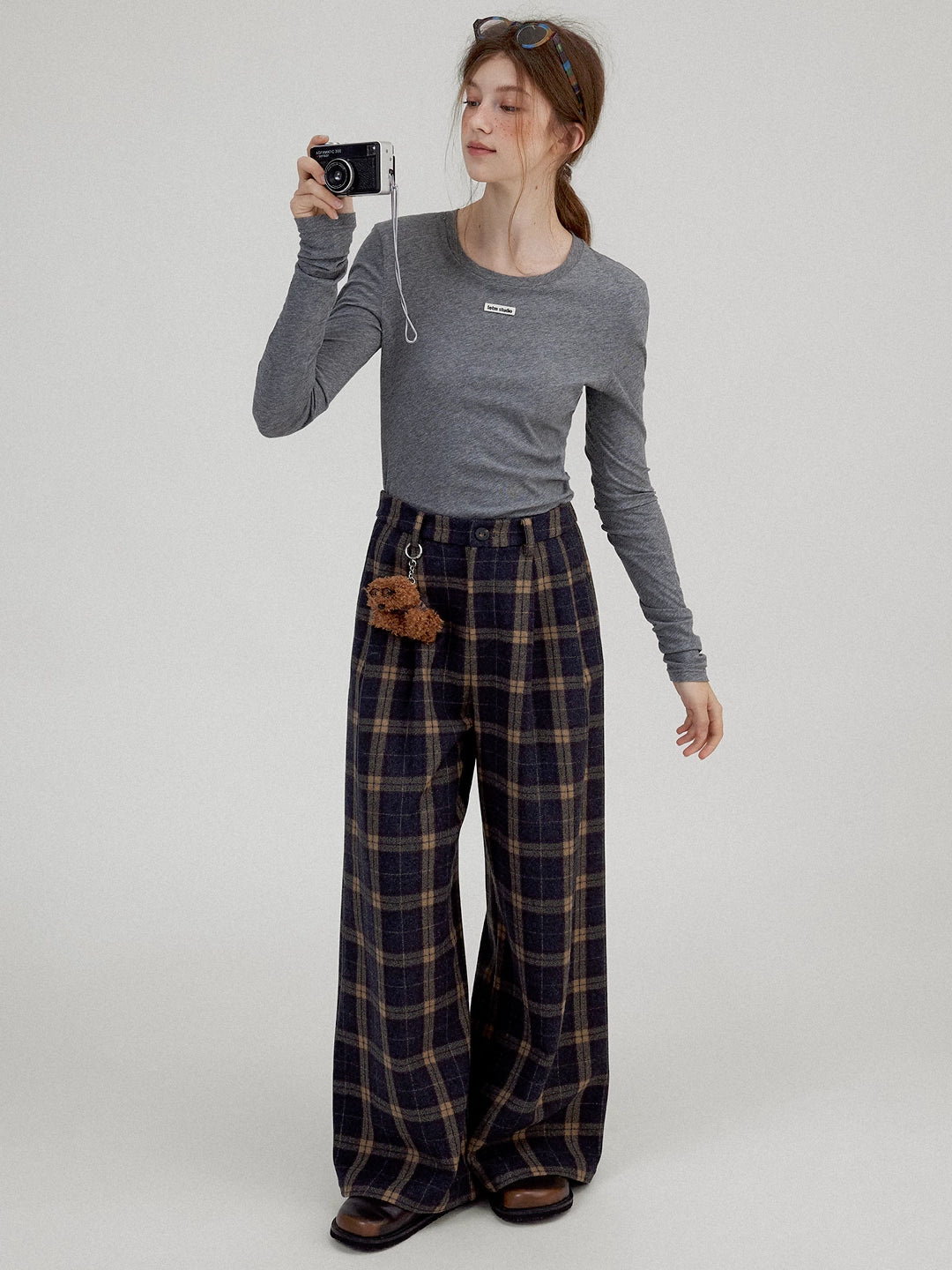 Colorblock Checkered Wool Wide-Leg Trousers