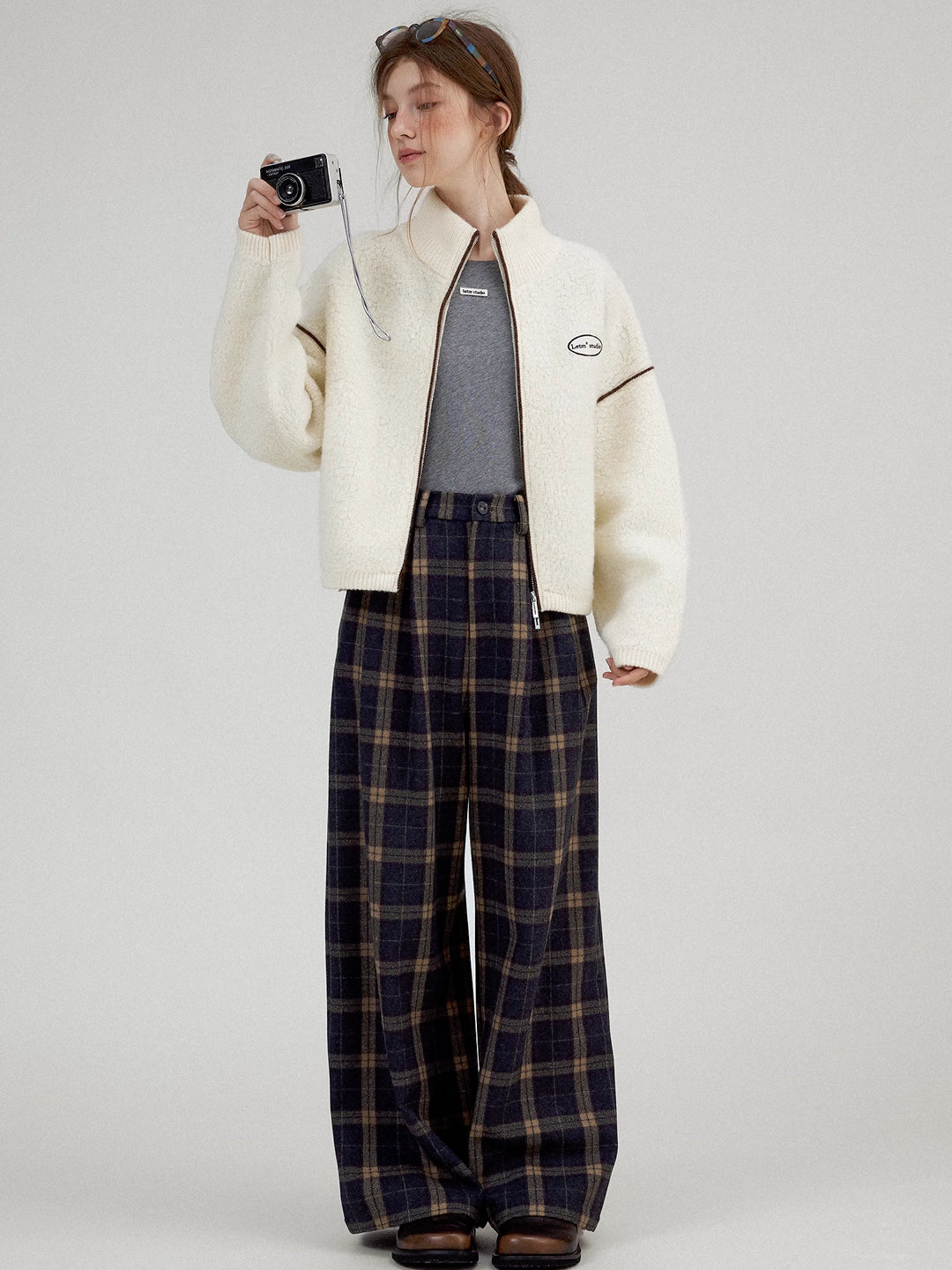 Colorblock Checkered Wool Wide-Leg Trousers