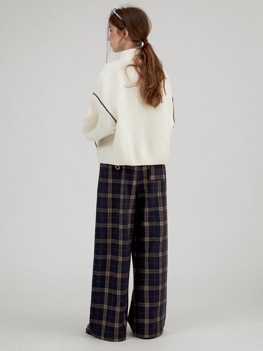 Colorblock Checkered Wool Wide-Leg Trousers