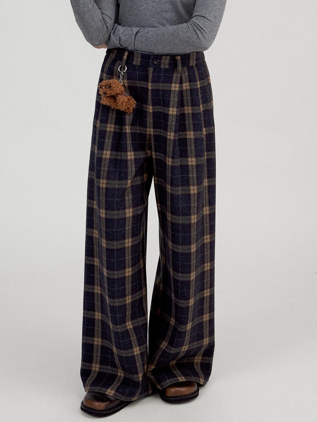 Colorblock Checkered Wool Wide-Leg Trousers