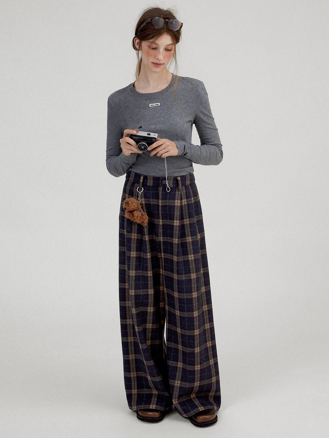 Colorblock Checkered Wool Wide-Leg Trousers