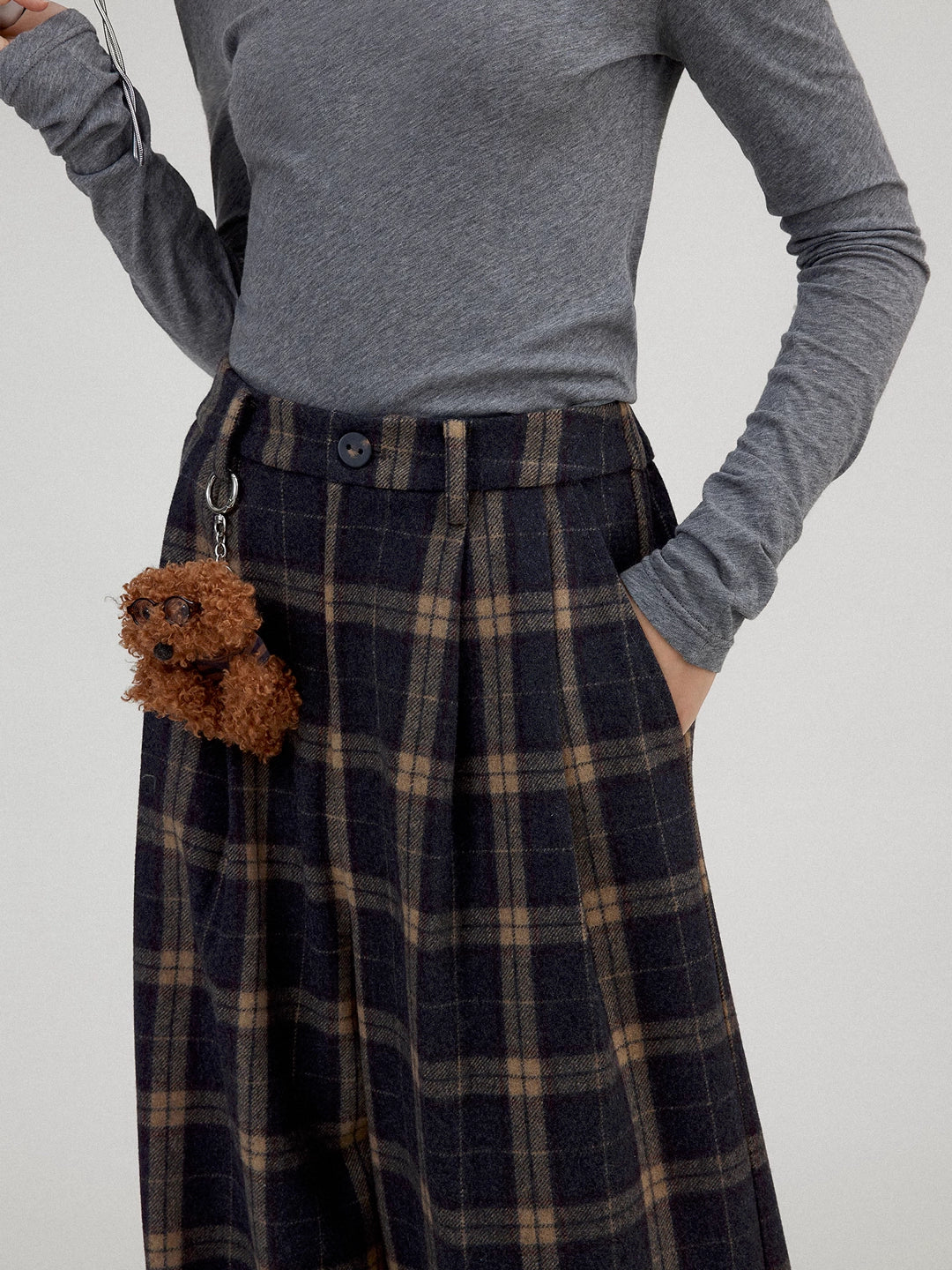 Colorblock Checkered Wool Wide-Leg Trousers