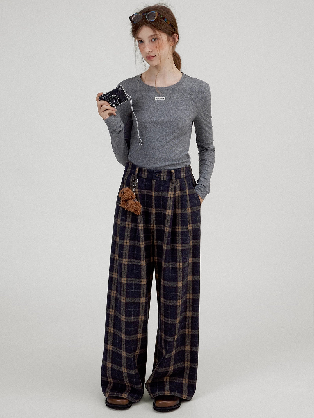 Colorblock Checkered Wool Wide-Leg Trousers