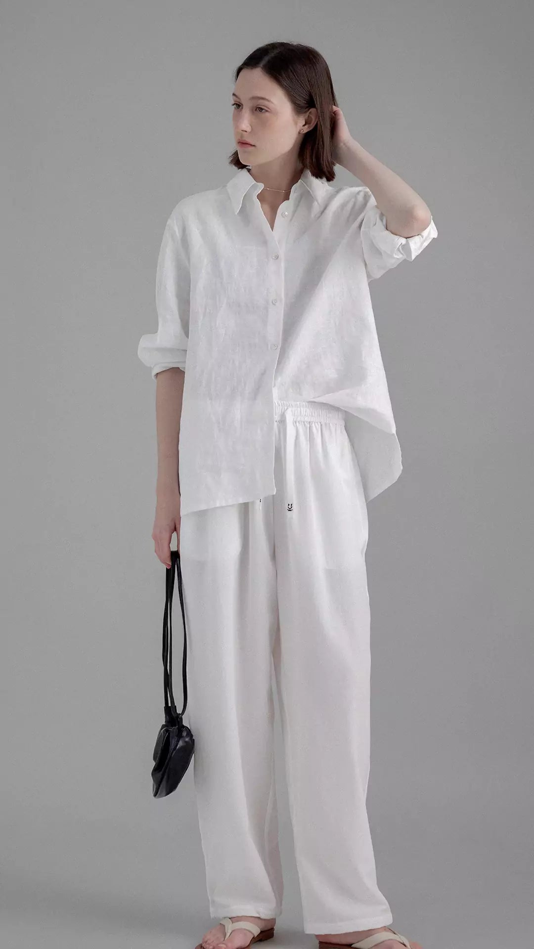 Pure Linen Two-way Back Button Loose-fit Long Sleeve Shirt