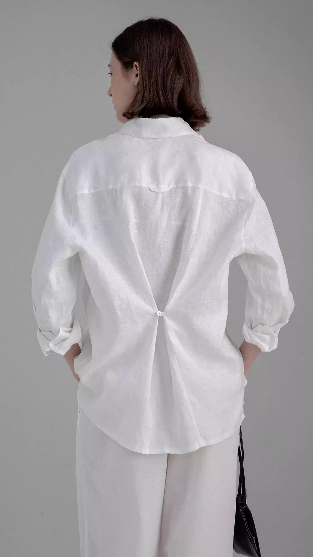 Pure Linen Two-way Back Button Loose-fit Long Sleeve Shirt