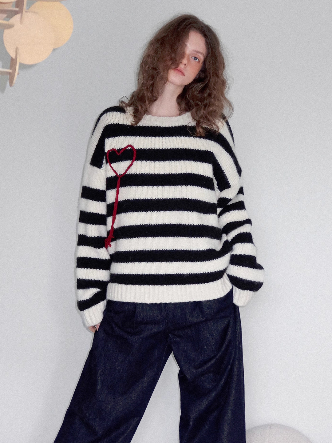 Striped Wool Sweater with Heart Embroidery