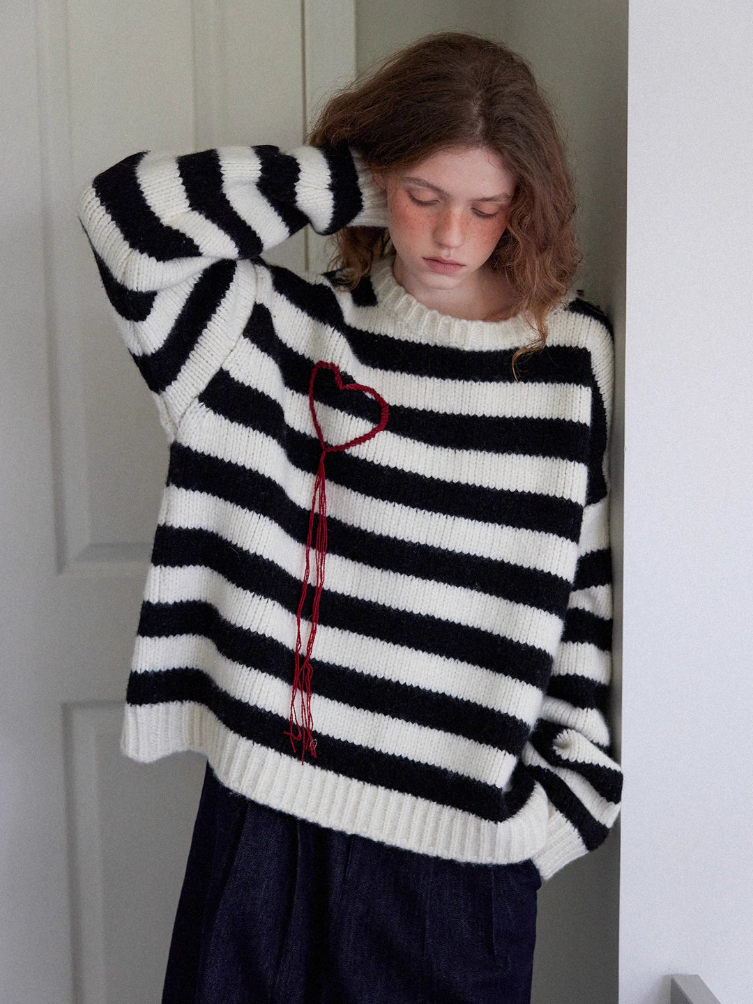 Striped Wool Sweater with Heart Embroidery