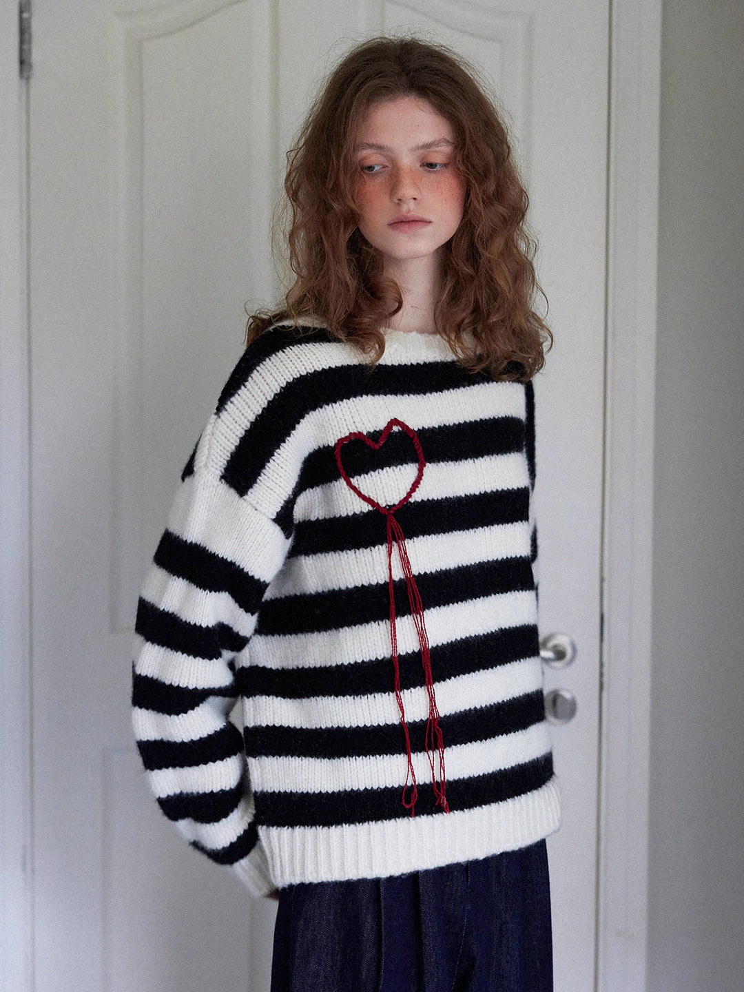 Striped Wool Sweater with Heart Embroidery