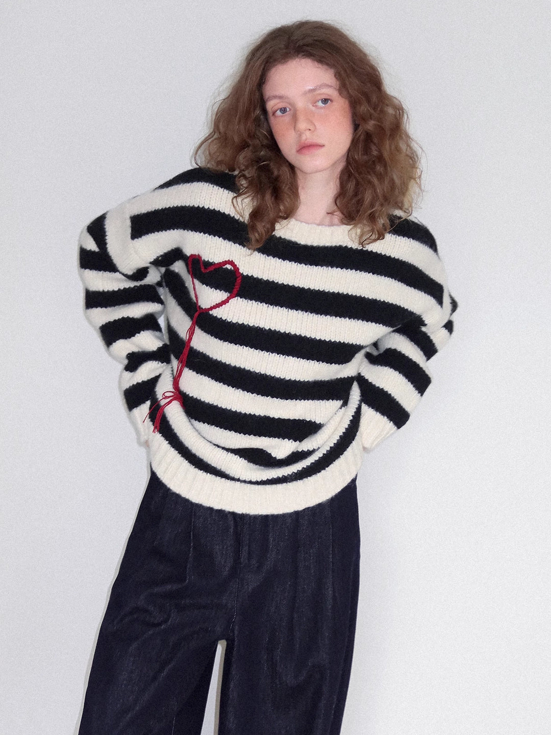 Striped Wool Sweater with Heart Embroidery