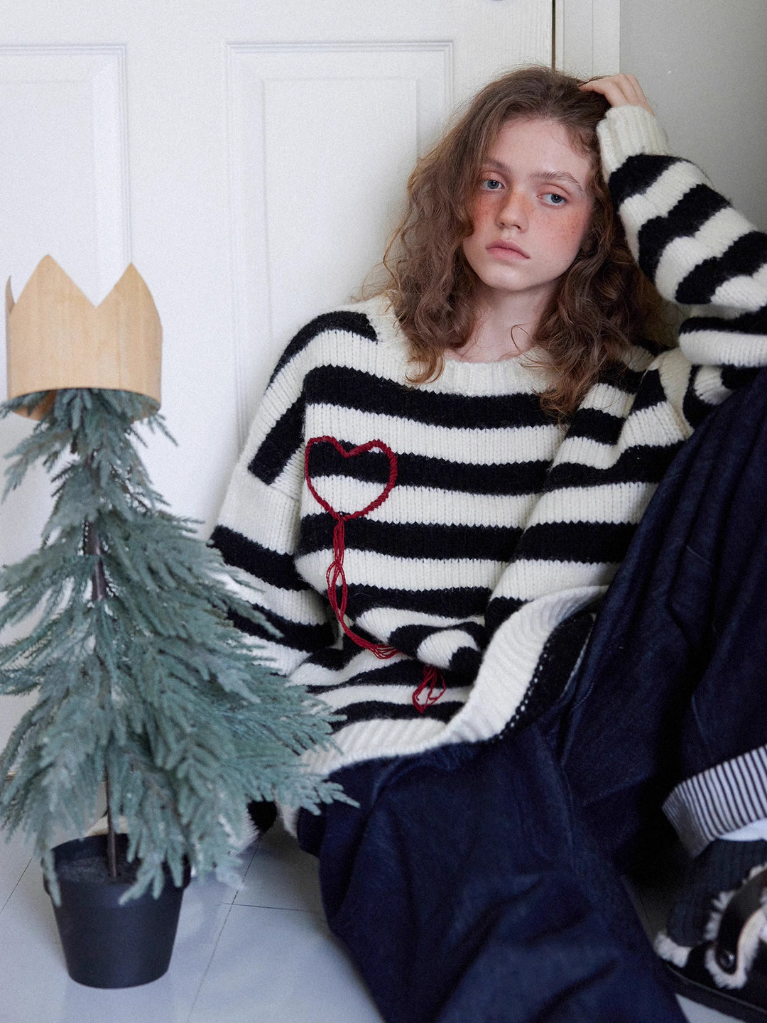 Striped Wool Sweater with Heart Embroidery