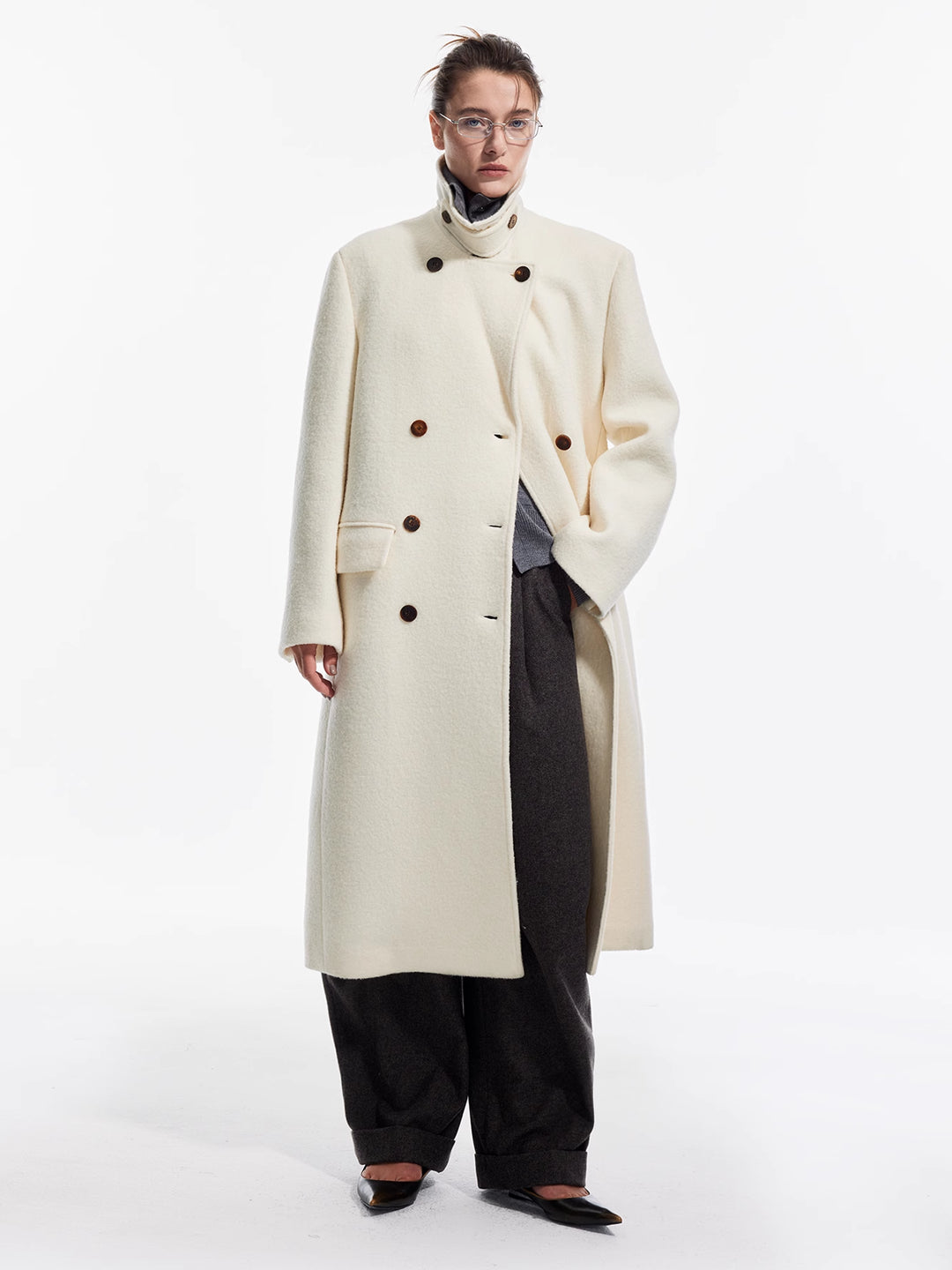 Wide-Shoulder Notch Collar Long Coat