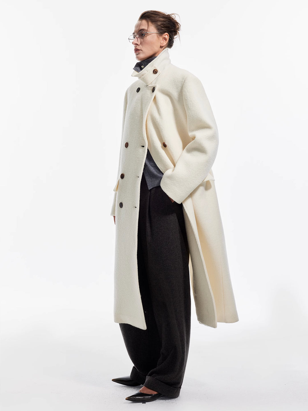 Wide-Shoulder Notch Collar Long Coat