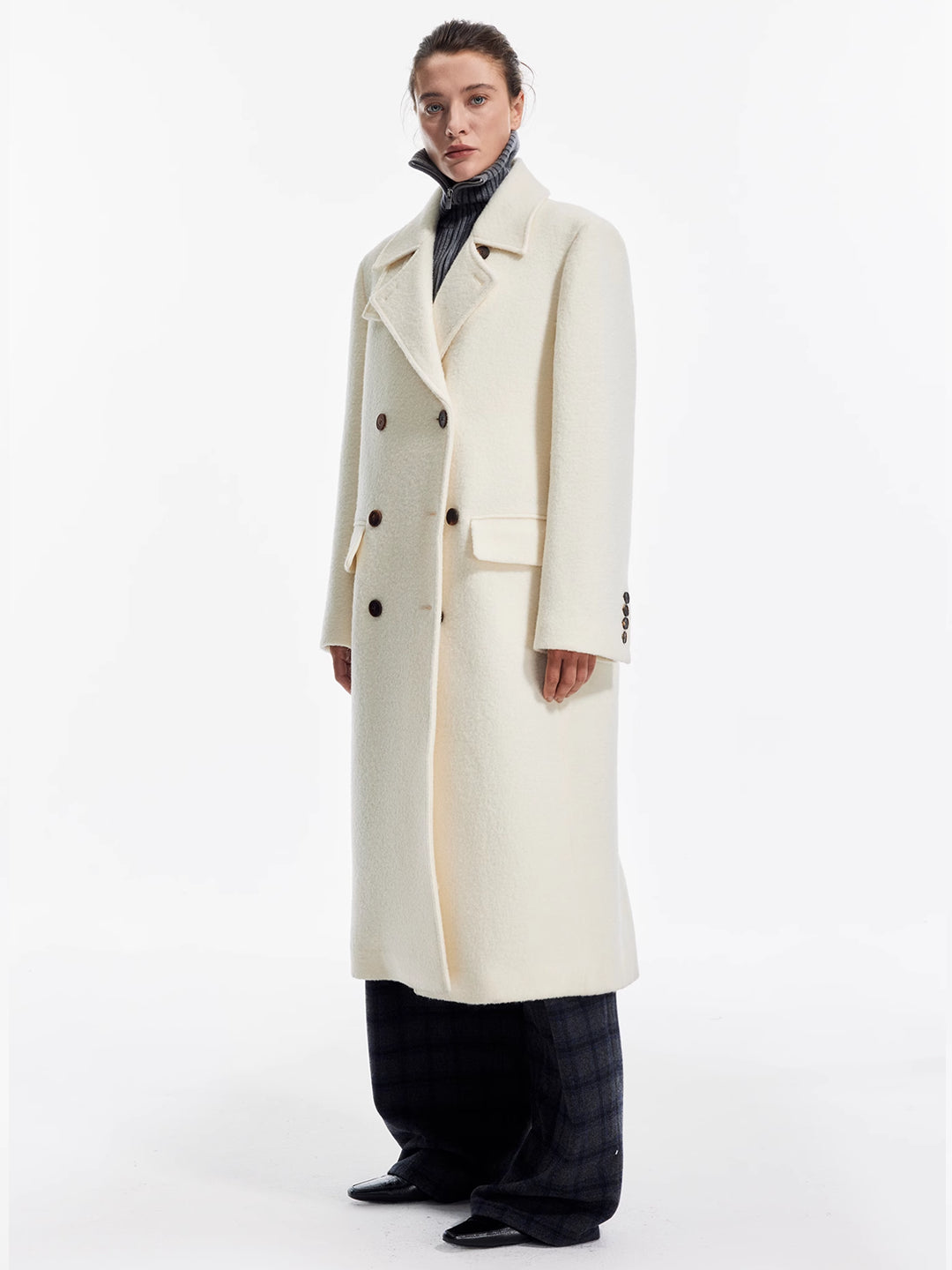 Wide-Shoulder Notch Collar Long Coat