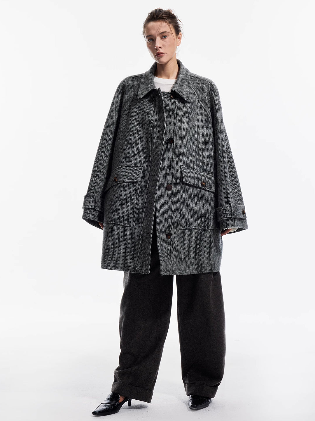 Herringbone Wool Bouclé Coat