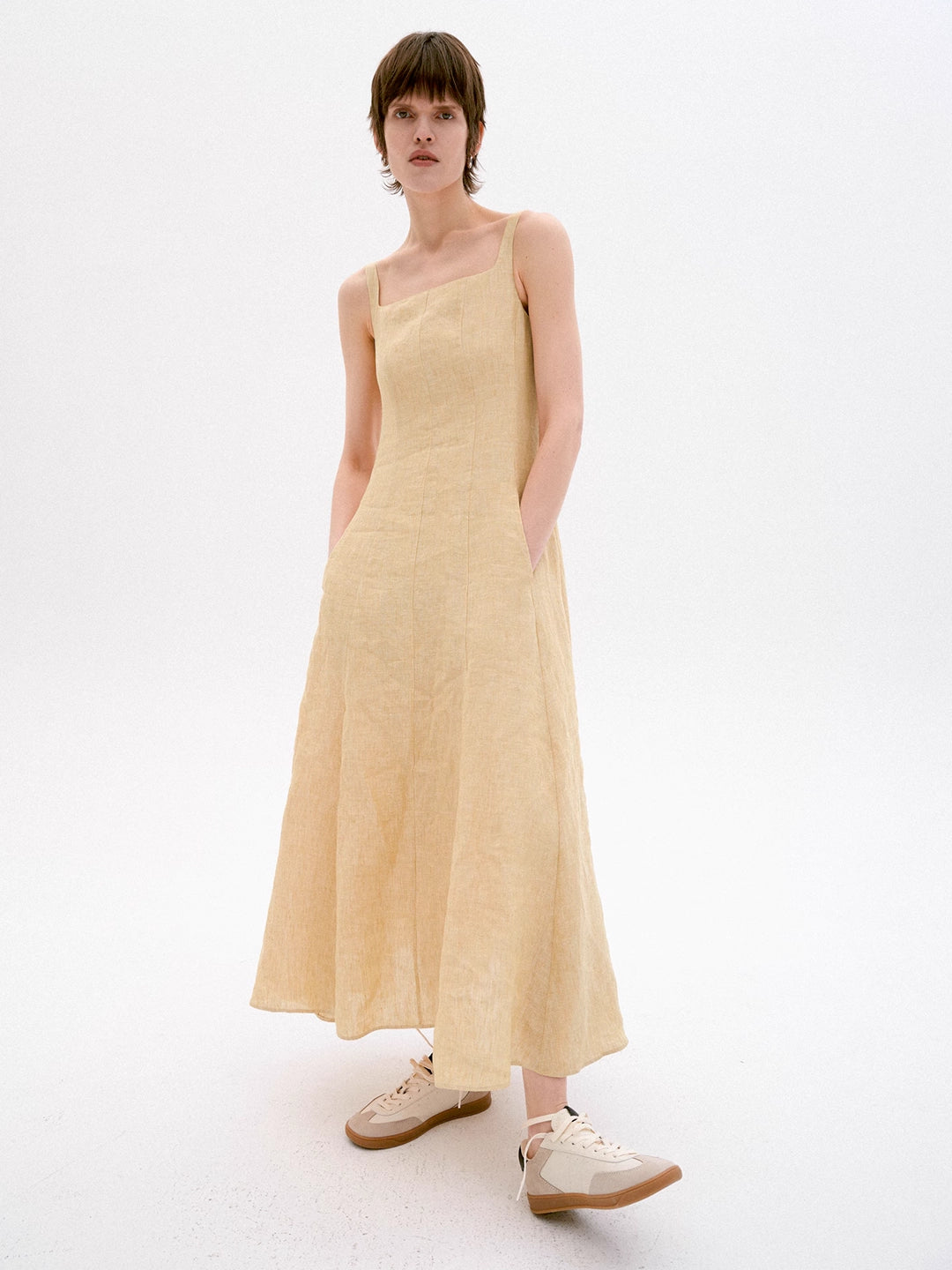 Linen Strap Holiday Dress in Yellow