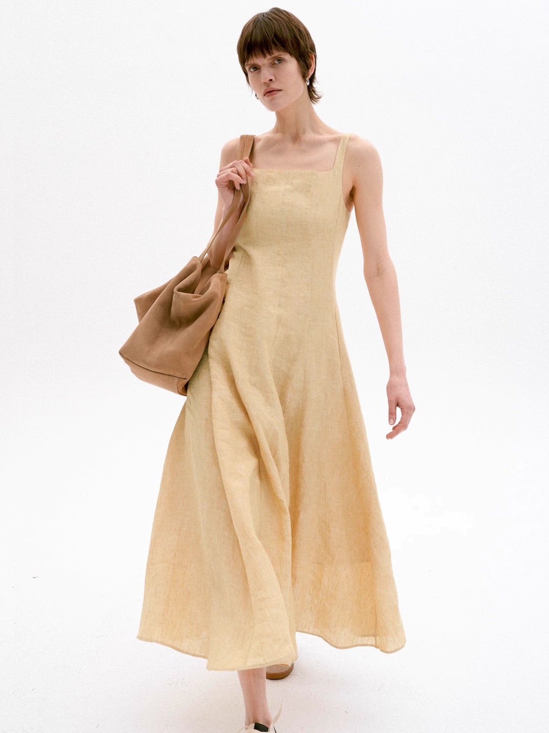 Linen Strap Holiday Dress in Yellow