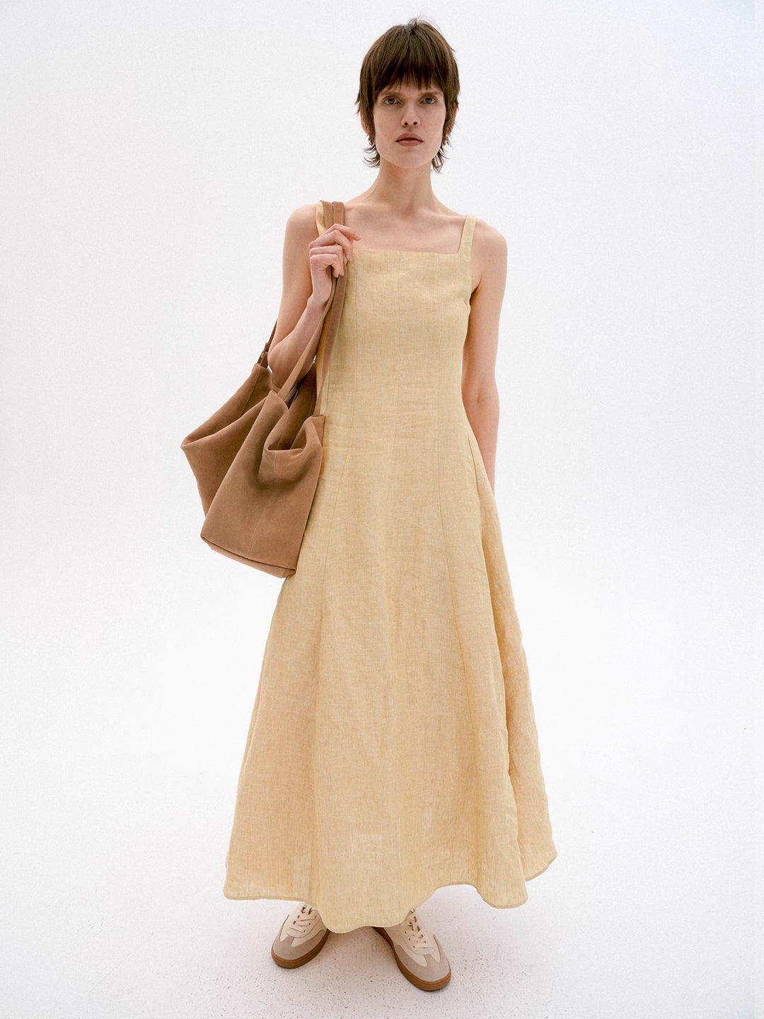 Linen Strap Holiday Dress in Yellow