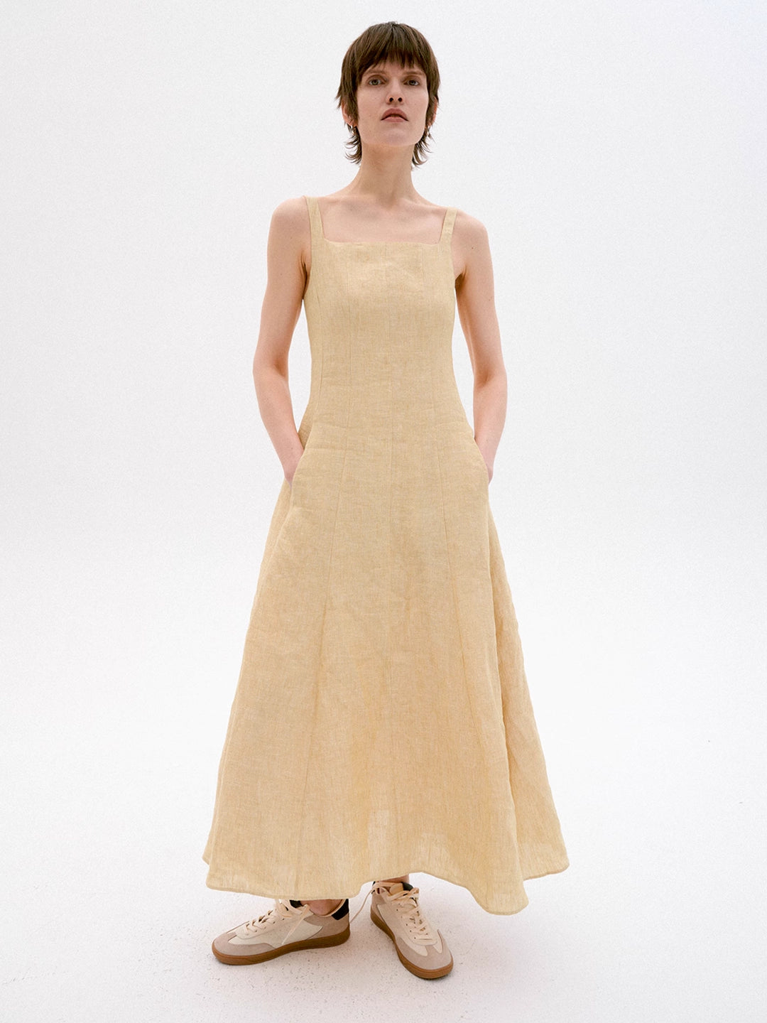 Linen Strap Holiday Dress in Yellow