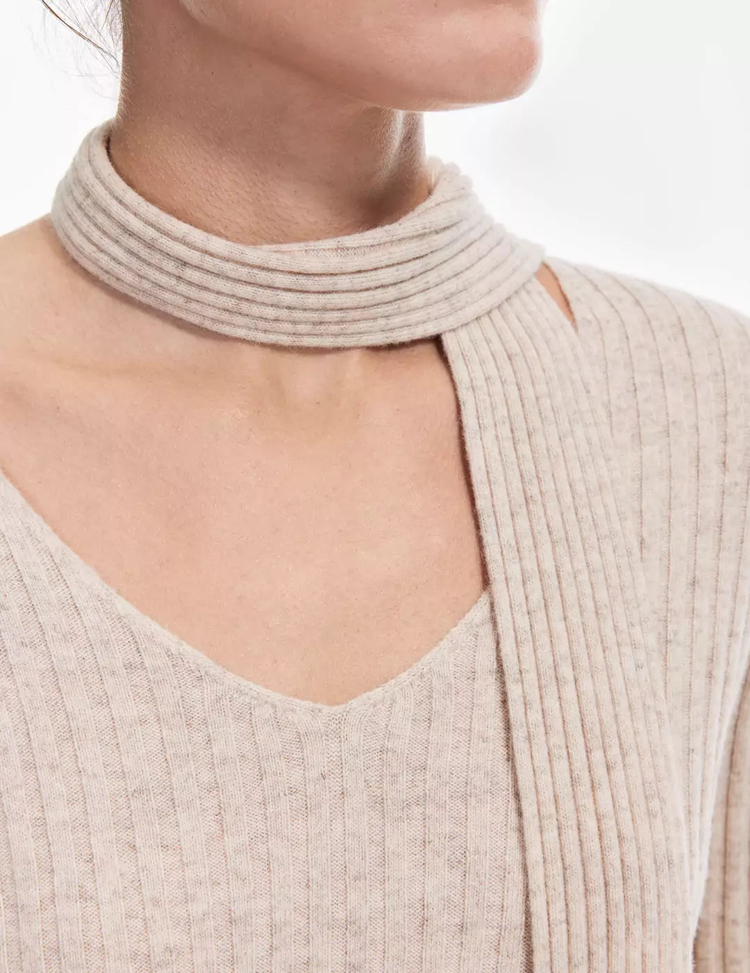 Scarf-Attached Rib-Knit V-Neck Top