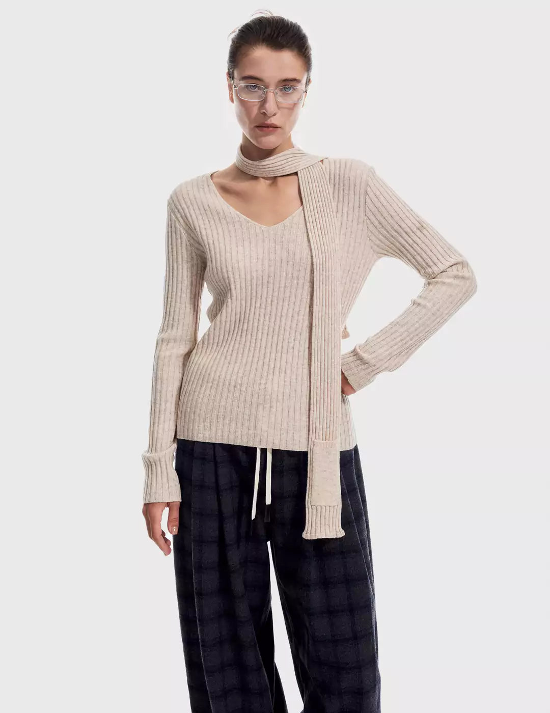 Scarf-Attached Rib-Knit V-Neck Top