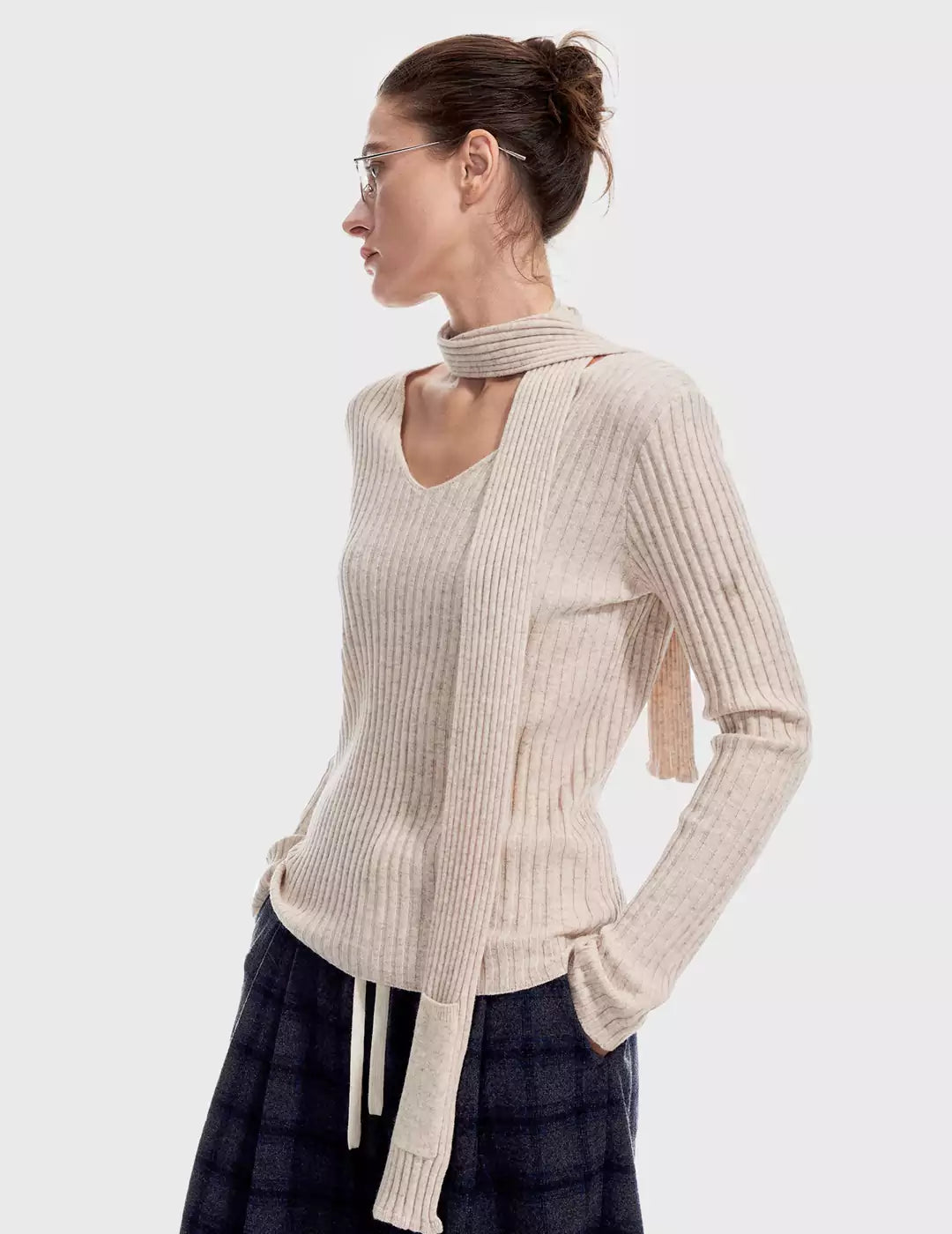 Scarf-Attached Rib-Knit V-Neck Top