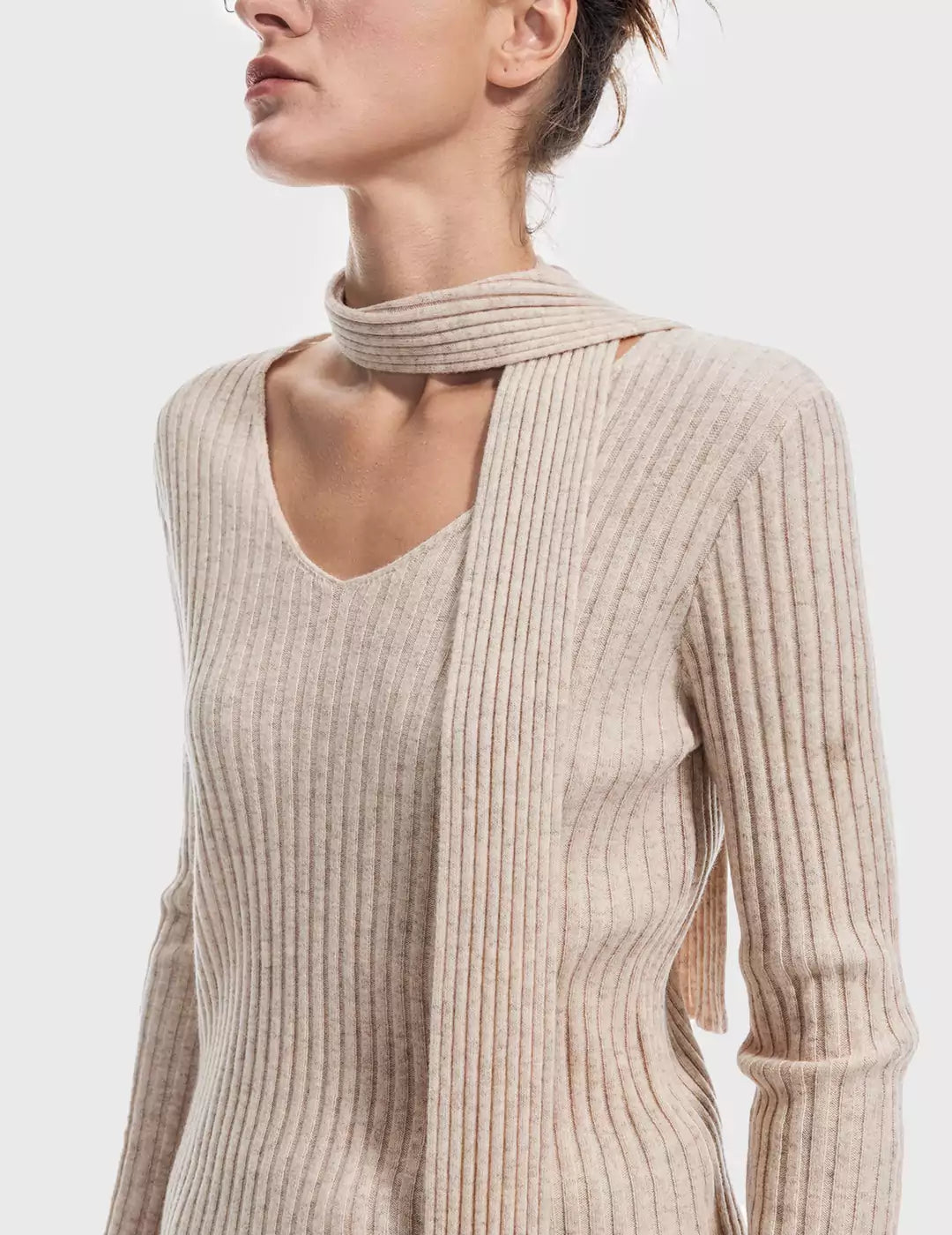 Scarf-Attached Rib-Knit V-Neck Top