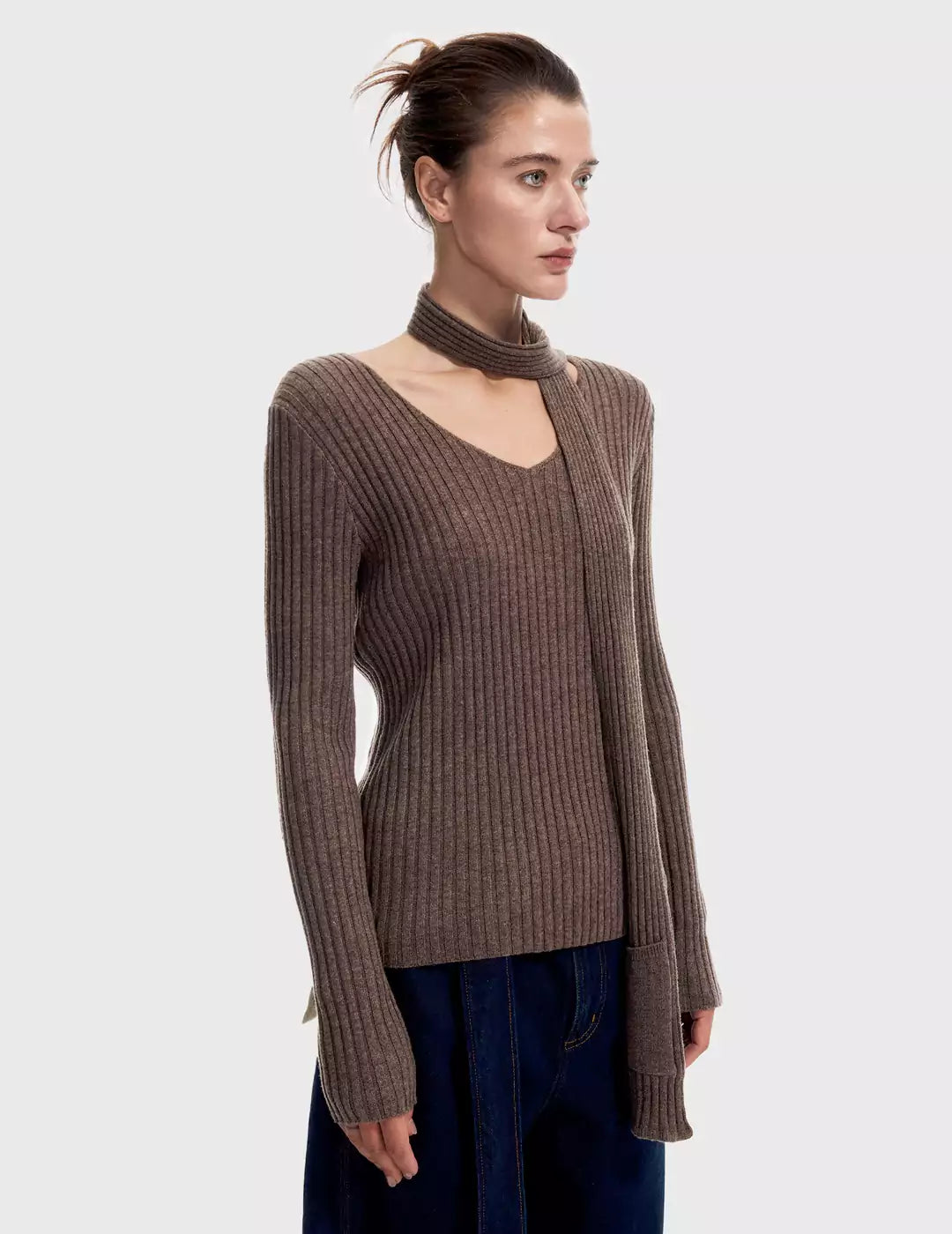 Scarf-Attached Rib-Knit V-Neck Top