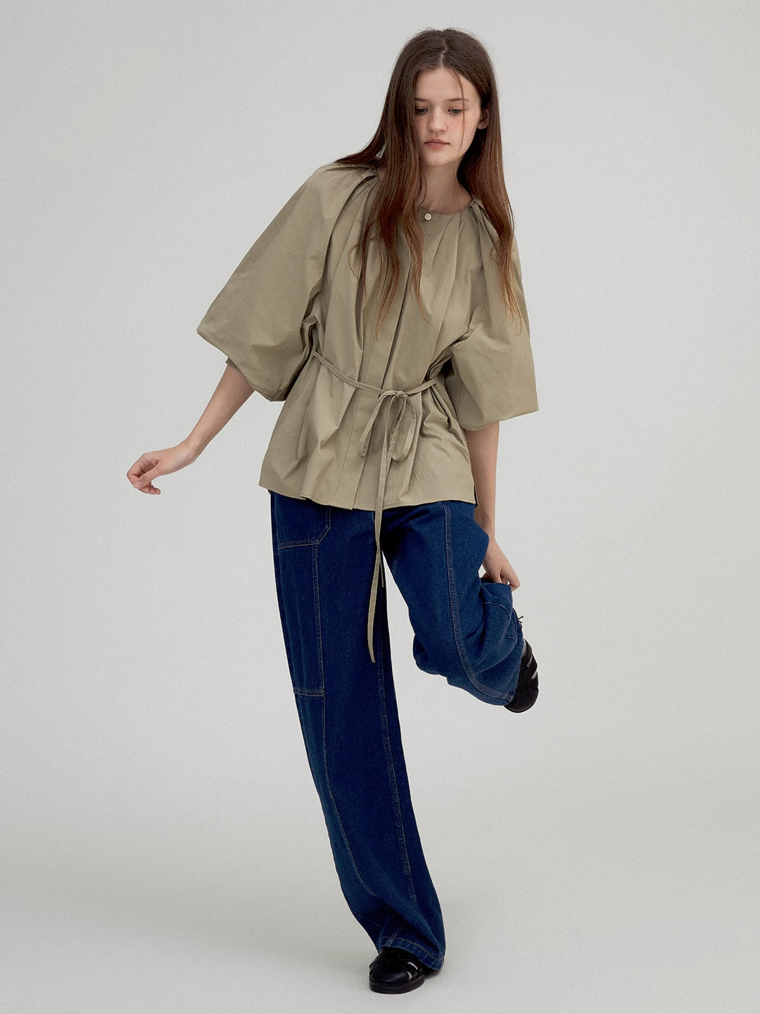 Lantern Sleeve Tie-Waist Pleated Blouse