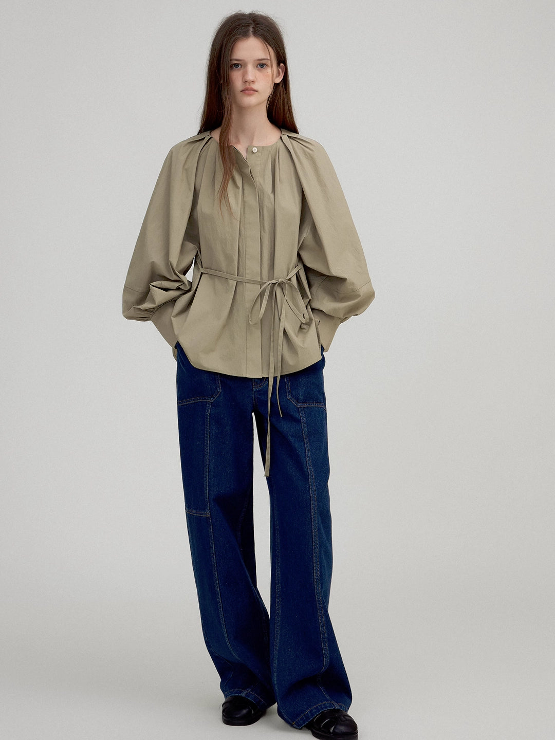 Lantern Sleeve Tie-Waist Pleated Blouse