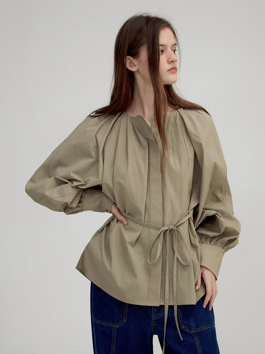 Lantern Sleeve Tie-Waist Pleated Blouse