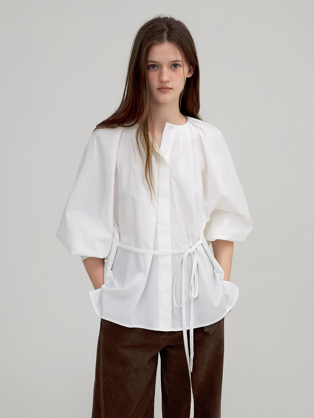 Lantern Sleeve Tie-Waist Pleated Blouse