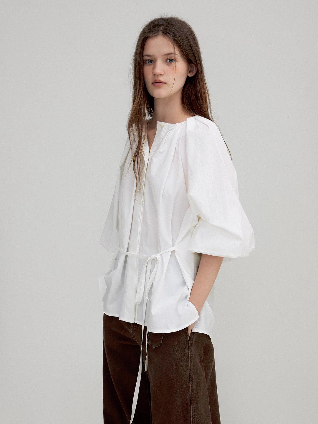 Lantern Sleeve Tie-Waist Pleated Blouse