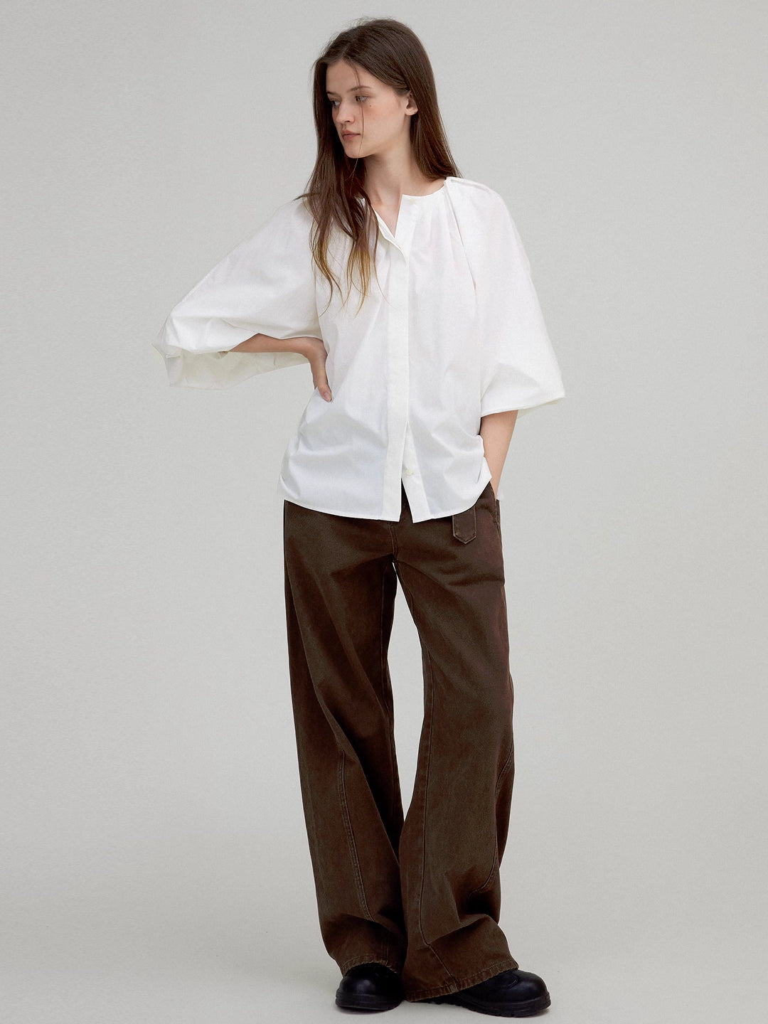 Lantern Sleeve Tie-Waist Pleated Blouse