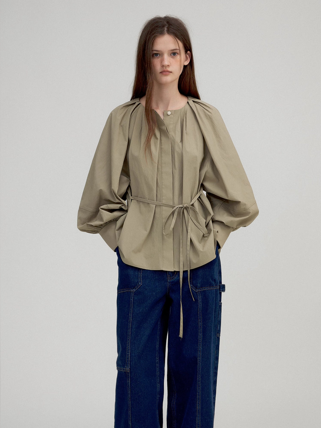 Lantern Sleeve Tie-Waist Pleated Blouse