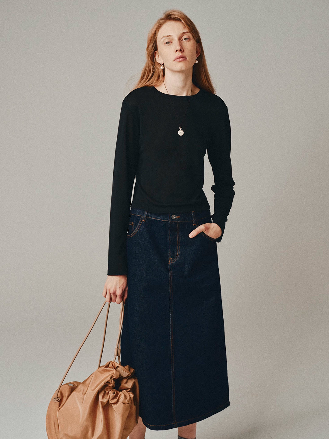 Washed Denim A-line Midi Skirt