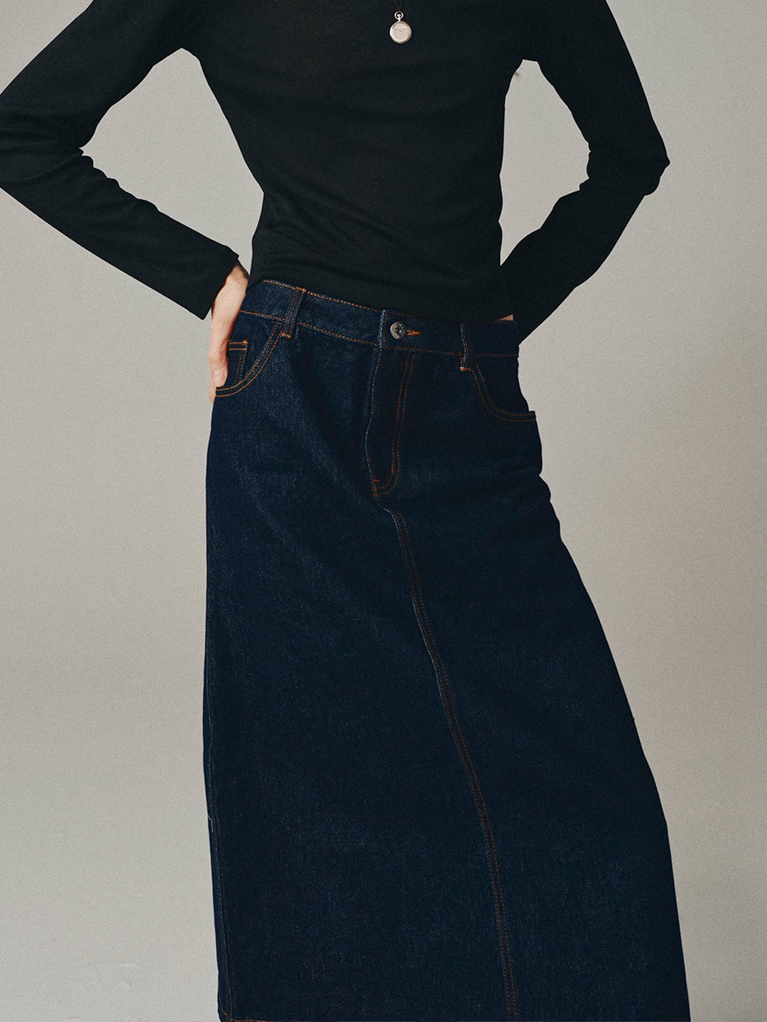 Washed Denim A-line Midi Skirt