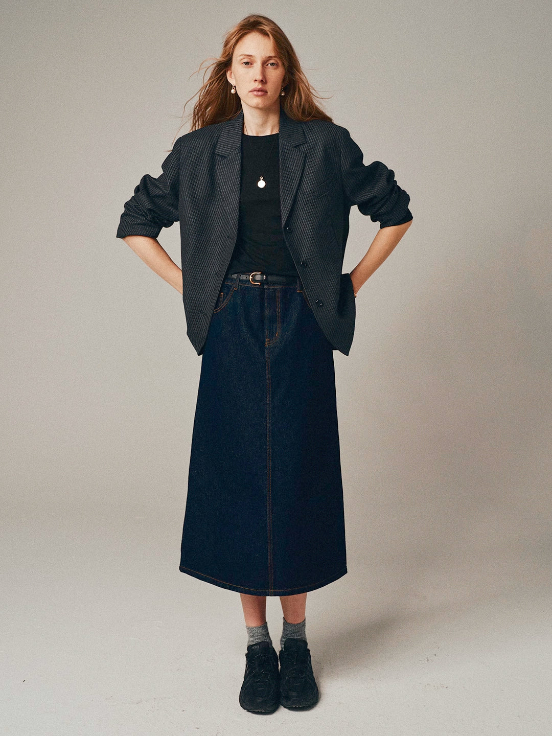 Washed Denim A-line Midi Skirt