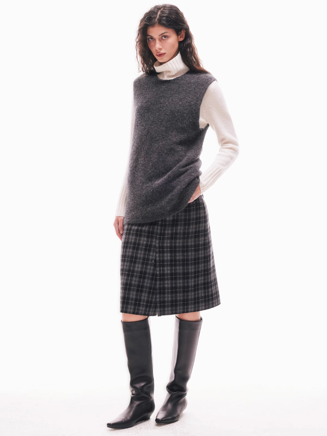 Prince of Wales Pattern Midi Skirt in Wool Blend