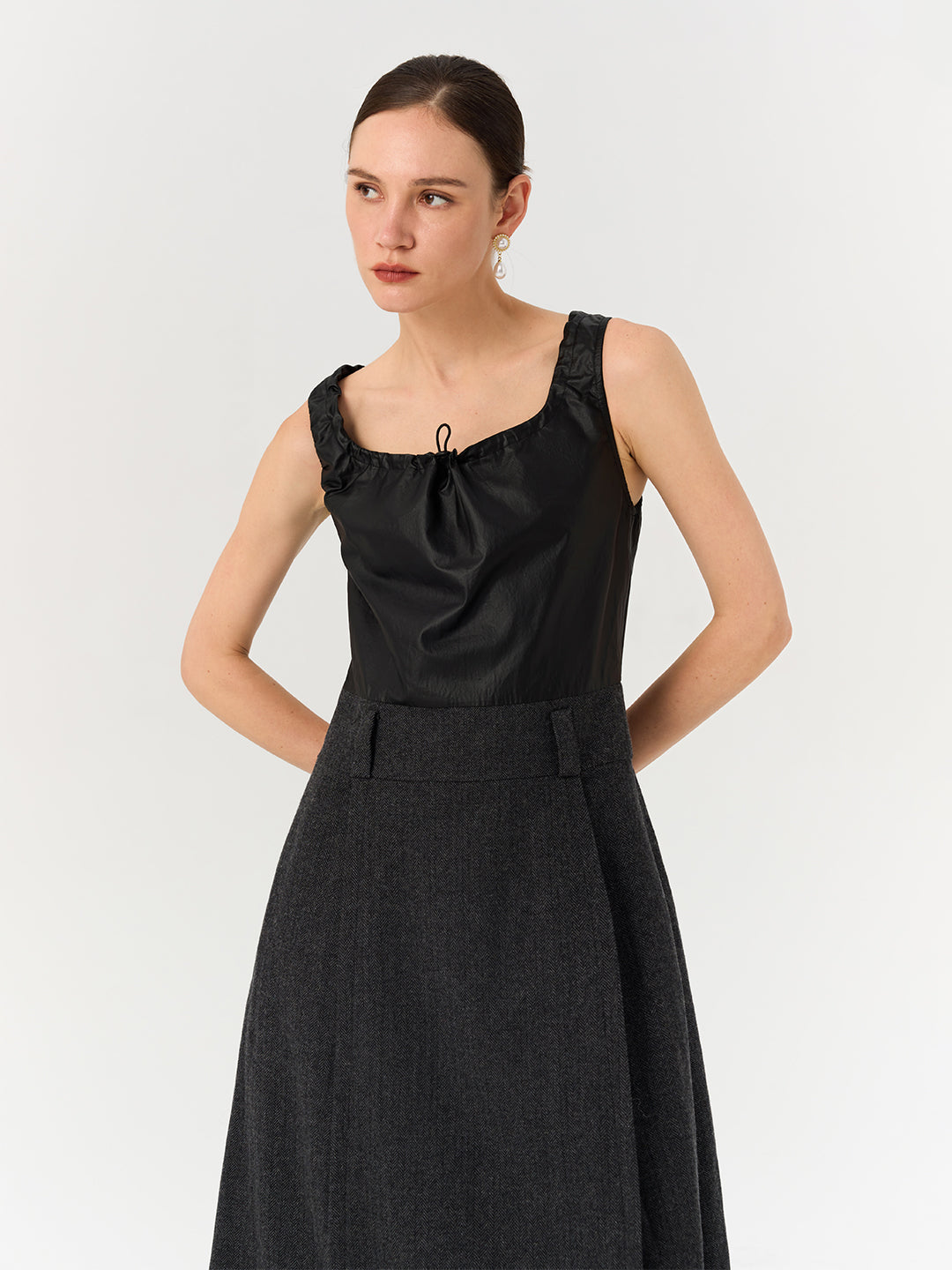 Patchwork Wool Blend A-Line Pleated Dress