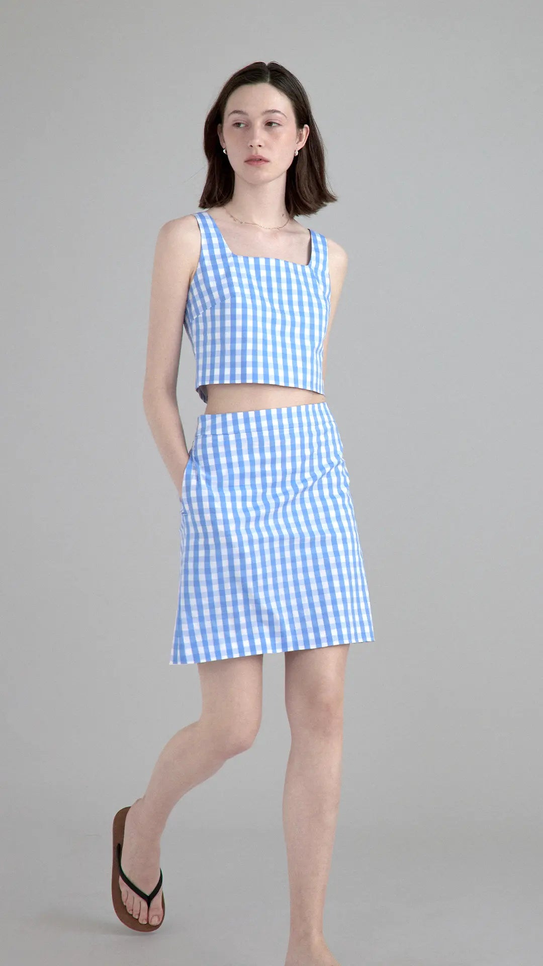 Linen Simple Strappy plaid Tank Top /Skirt