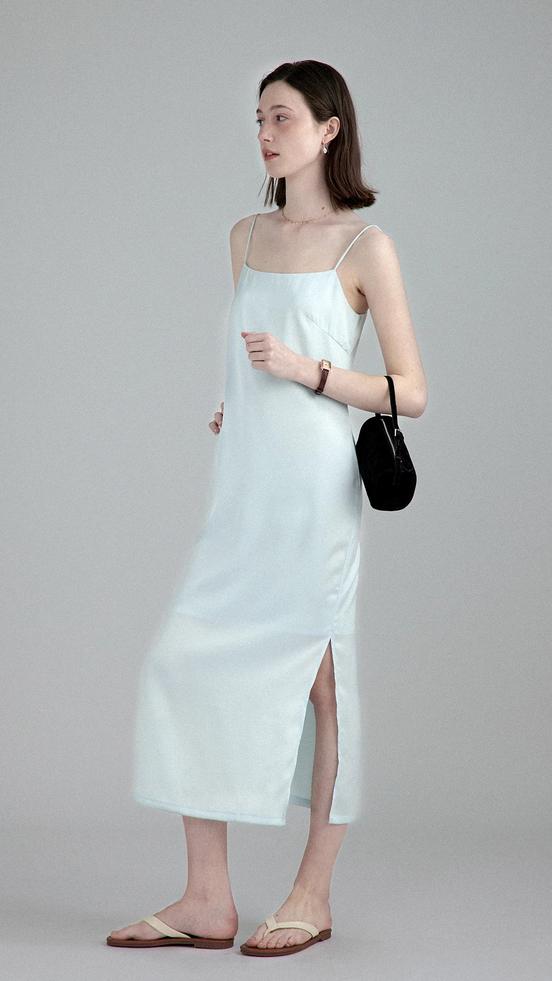 Minimalist Row Style Satin Slim Fit Split Hem Slip Dress