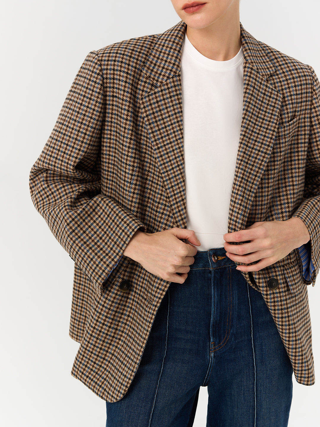 Houndstooth Double-Breasted Casual Blazer